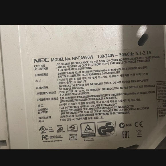 NEC MODEL No. NP-PA550W
Projector
100-240V~ 50/60Hz 5.1-2.1A - Picture 5 of 5